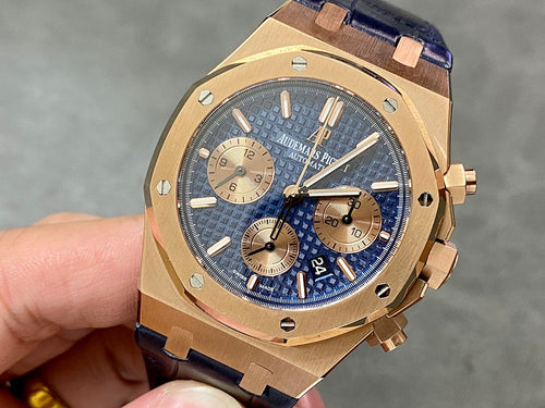 Audemars Piguet Royal Oak watch, blue dial, rose-gold case, three subdials