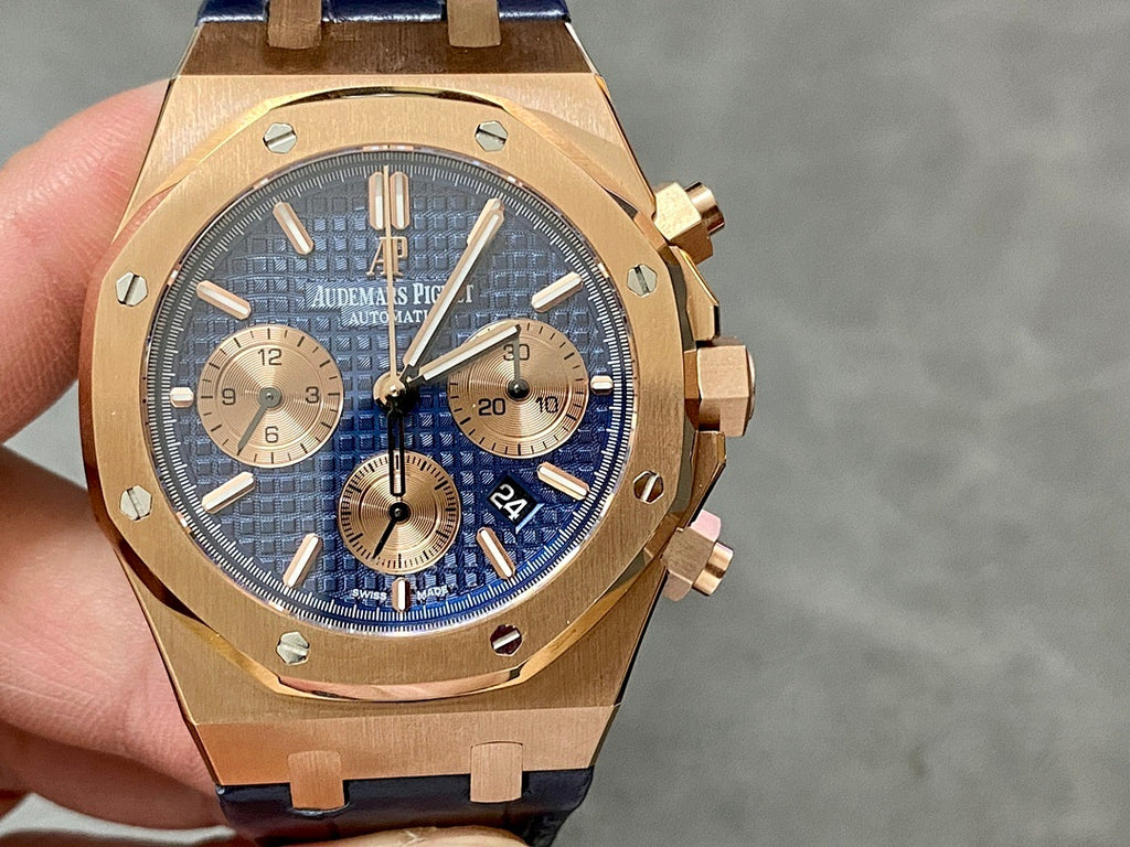 Audemars Piguet Royal Oak watch, blue dial, rose-gold case, chronograph layout