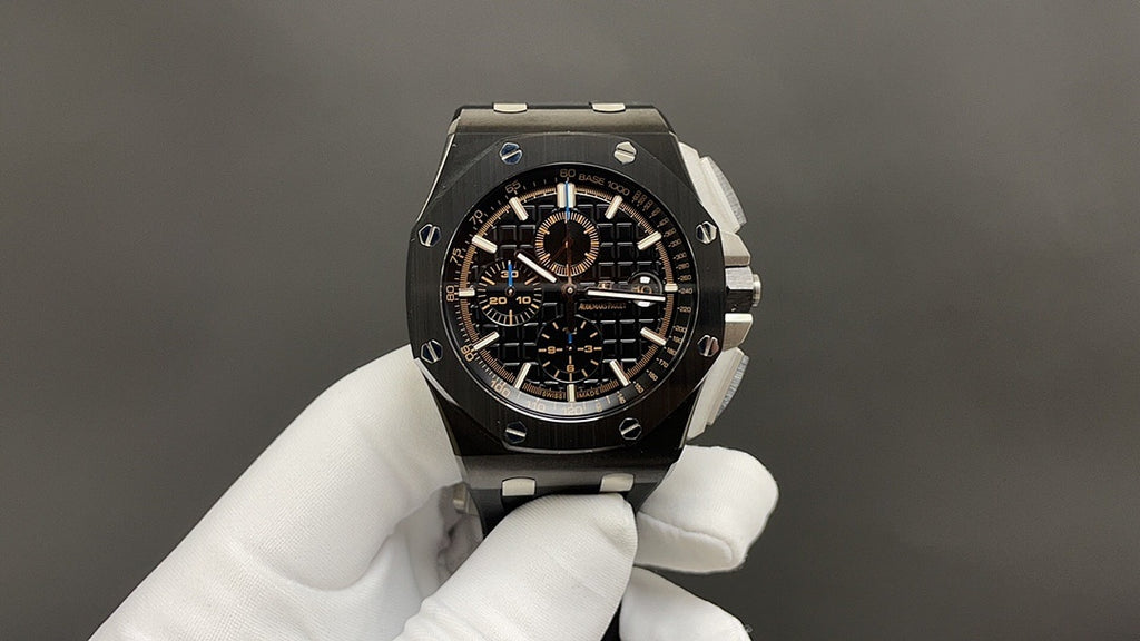Audemars Piguet wristwatch with black dial, black bezel, steel case