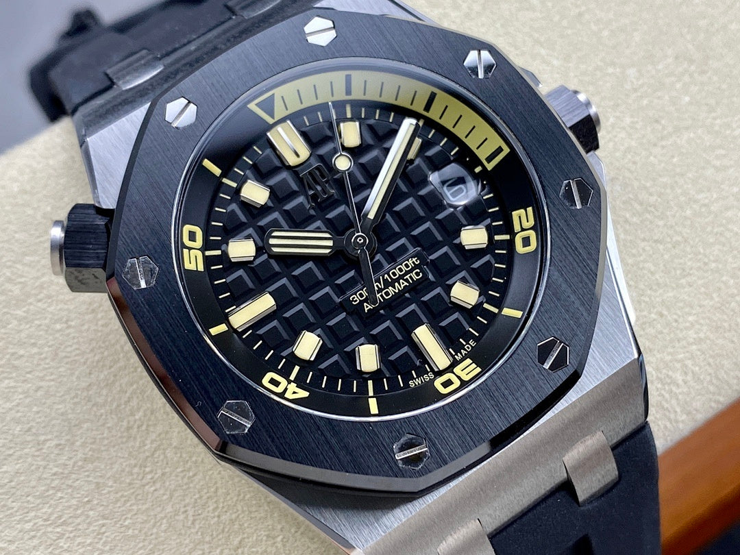 Luxury sports watch close-up with dark dial, yellow markers, and steel case edges