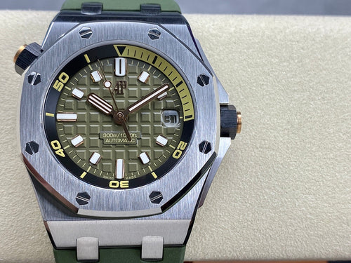 Sports watch front view with green dial, luminous hour markers, metal bezel, green rubber strap
