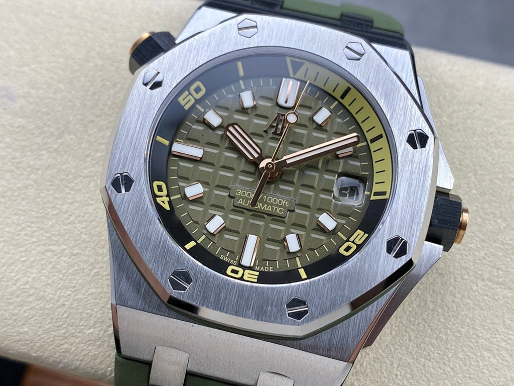 Sports watch with green patterned dial, rose-gold hands, brushed metal case, green strap