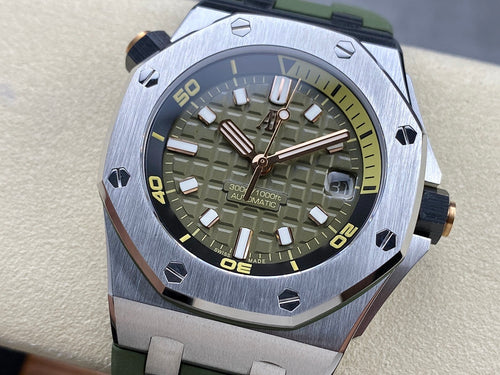Sports watch with green patterned dial, rose-gold hands, brushed metal case, green strap