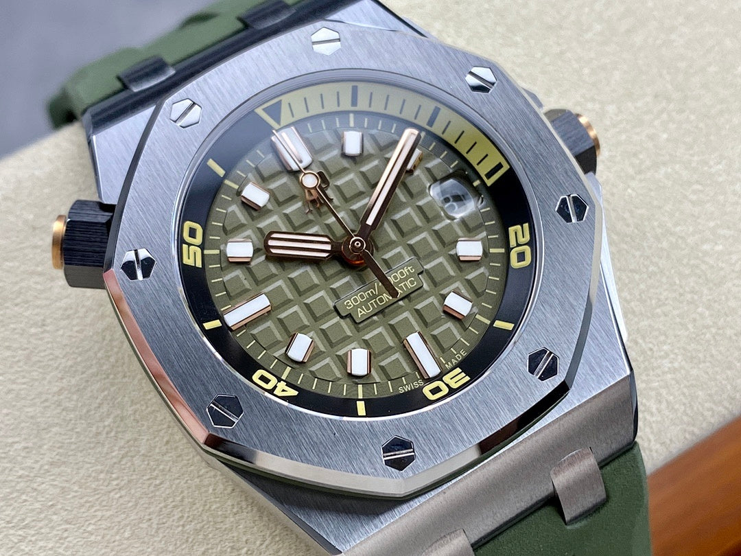 Sports watch close-up with green dial, raised hour markers, rose-gold hands, metal case