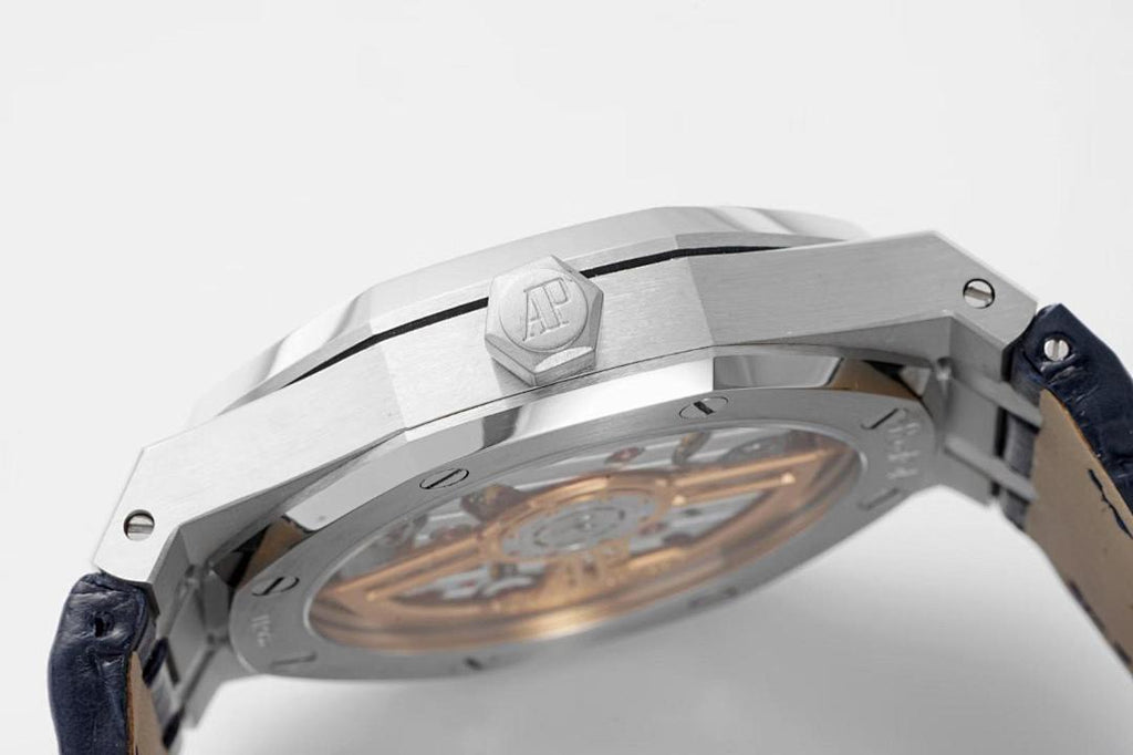 Audemars Piguet watch case close-up showing mechanical movement through window
