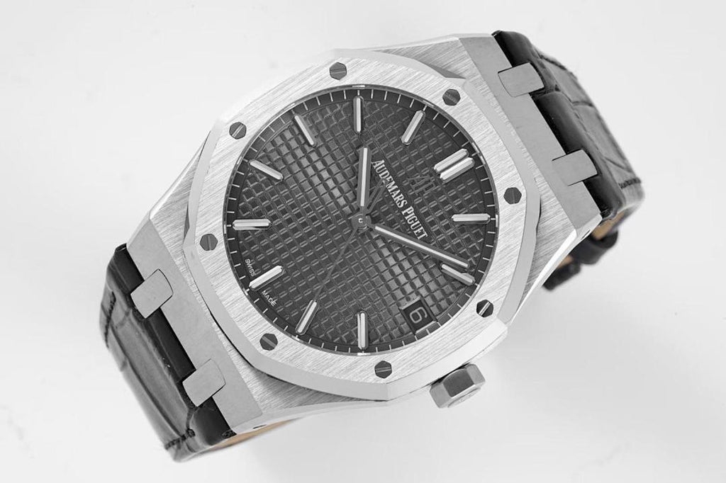 Audemars Piguet watch angled view with dark dial, silver bezel, black strap