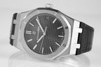 Audemars Piguet watch 3/4 view with dark textured dial and black strap