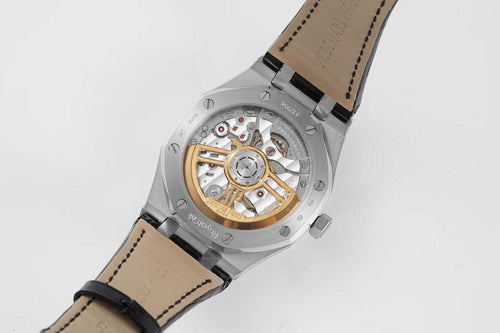 Audemars Piguet watch with open caseback, visible movement, tan leather strap