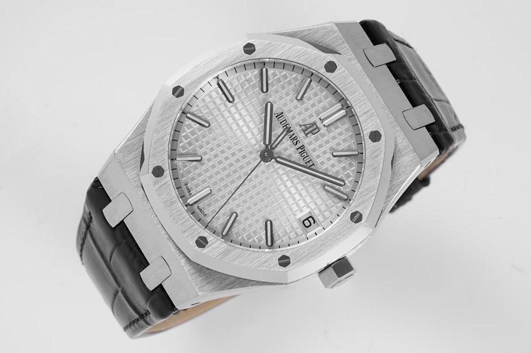 Audemars Piguet watch front view with textured silver dial and black leather strap