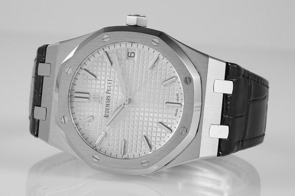 Audemars Piguet watch front view with light dial, baton markers, black leather strap
