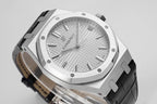 Audemars Piguet watch angled close-up of textured dial and octagonal bezel