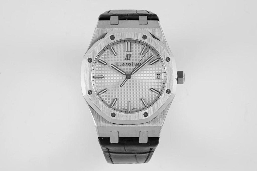 Audemars Piguet watch front view with silver dial and black leather strap