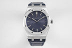 Audemars Piguet Royal Oak watch with blue dial, steel octagonal case, dark leather strap