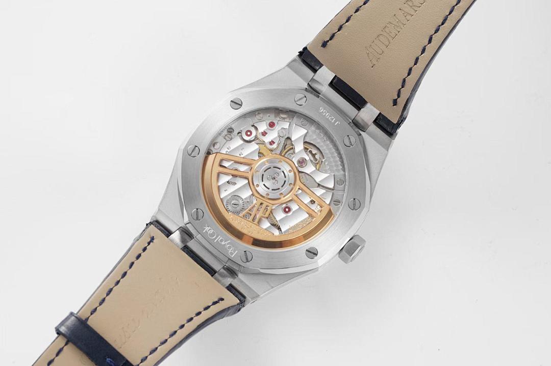 Audemars Piguet Royal Oak watch with open-worked gold-toned movement, leather strap