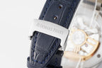 Audemars Piguet Royal Oak watch with blue leather strap and engraved steel buckle