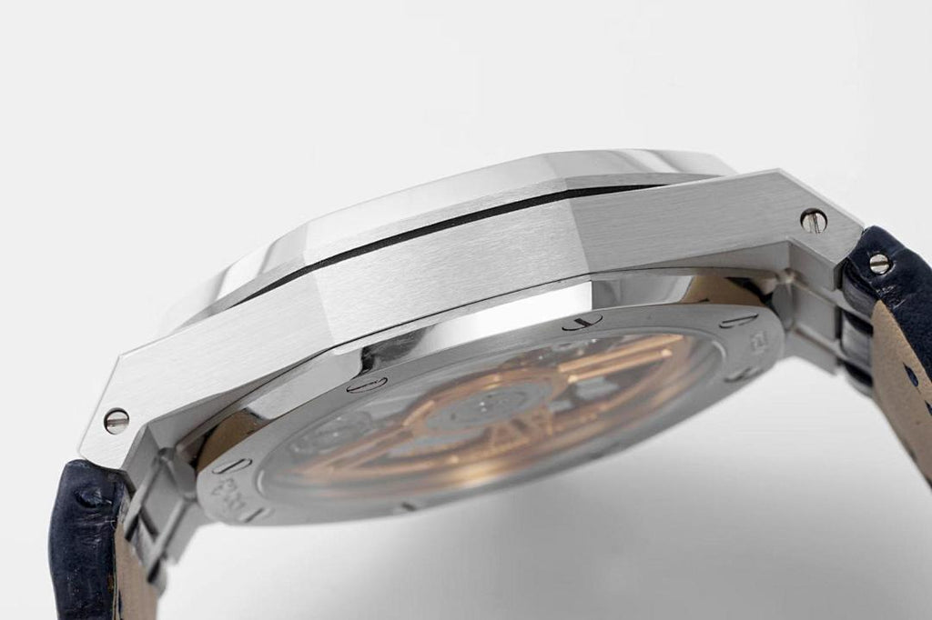 Audemars Piguet Royal Oak watch, side view of steel case and crown on blue leather strap