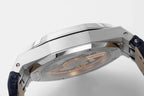 Audemars Piguet Royal Oak watch, side view of steel case and crown on blue leather strap