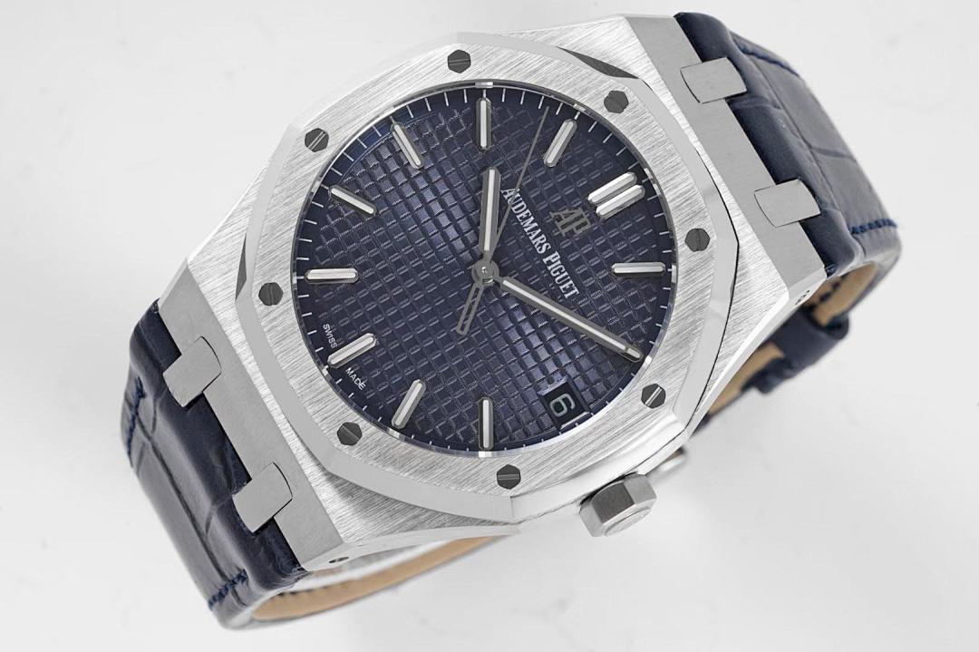 Audemars Piguet Royal Oak watch with blue textured dial, steel case, dark leather strap