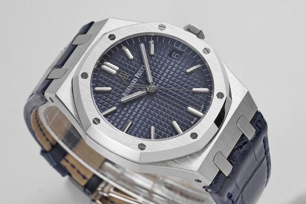 Audemars Piguet Royal Oak watch with blue dial and steel bezel, leather strap detail