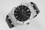 Stainless steel wristwatch with black textured dial and black leather strap