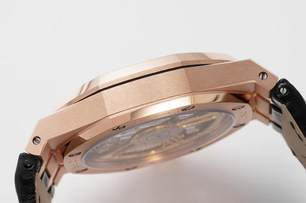 Audemars Piguet watch case profile with visible crown and black leather strap.