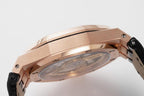 Audemars Piguet watch case profile with visible crown and black leather strap.