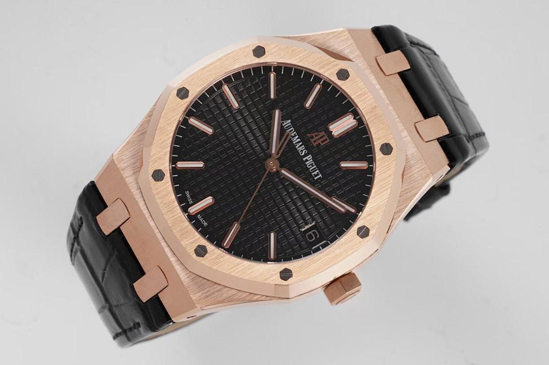 Audemars Piguet watch with rose gold octagonal case, black dial, and black leather strap.