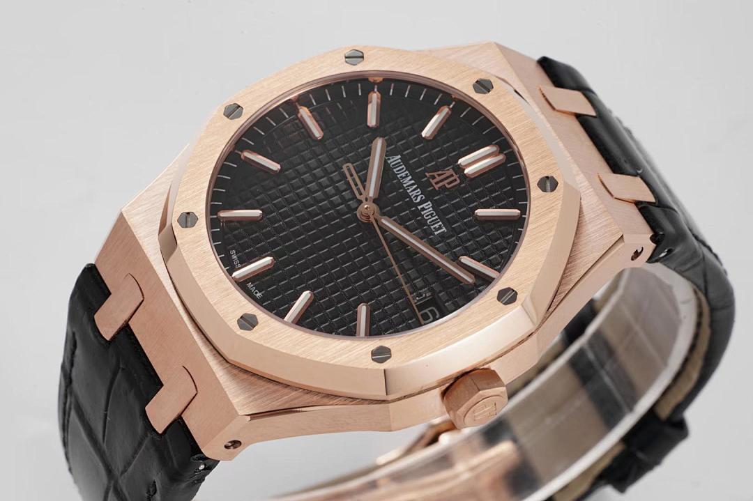 Audemars Piguet watch close-up: rose gold case, black textured dial, and black leather strap.