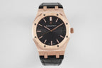 Audemars Piguet Royal Oak watch front view with rose gold case, black dial, and black leather strap.