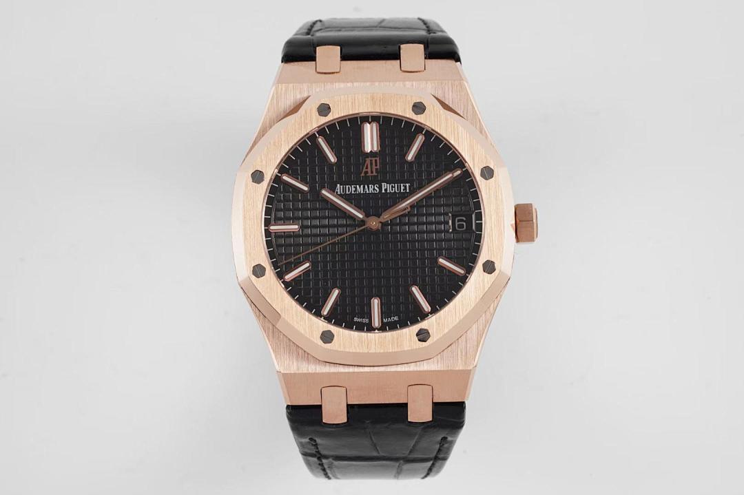 Audemars Piguet Royal Oak watch front view with rose gold case, black dial, and black leather strap.