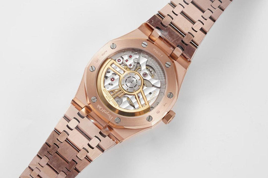 Audemars Piguet rose-gold watch with visible movement and metal bracelet links