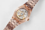 Audemars Piguet rose-gold watch with visible movement and metal bracelet links