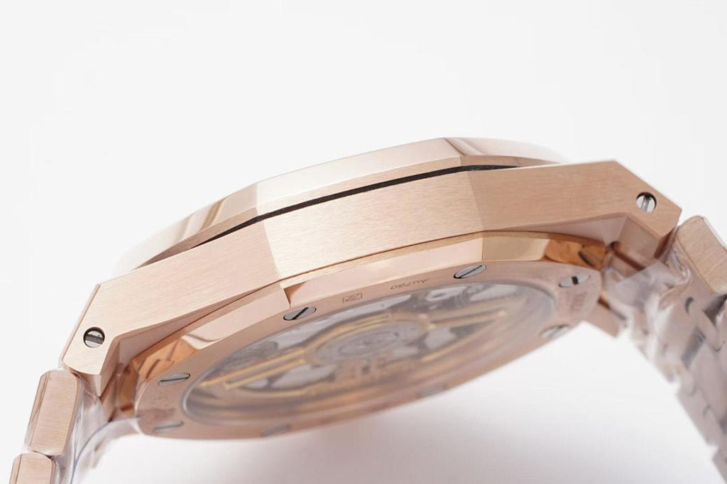 Rose-gold Audemars Piguet watch case with clear crystal back and bezel screws