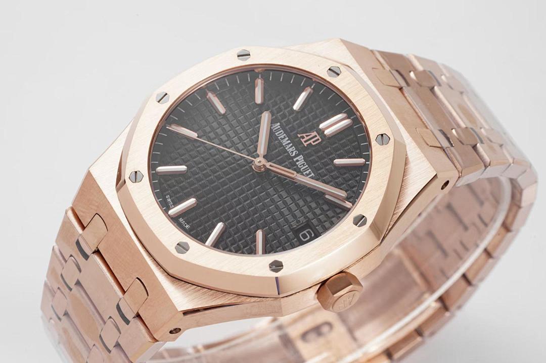 Audemars Piguet rose-gold wristwatch with black dial and metal bracelet