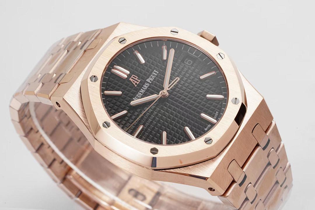 Audemars Piguet rose-gold wristwatch close-up of black dial and indices