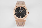 Audemars Piguet rose-gold wristwatch front view with black dial and bracelet
