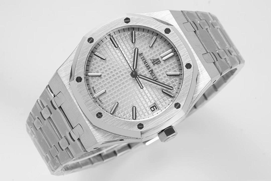 Audemars Piguet wristwatch with textured silver dial and metal bracelet