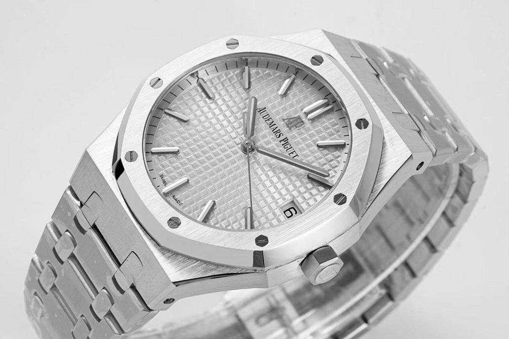 Audemars Piguet wristwatch close-up of dial and bezel with steel bracelet