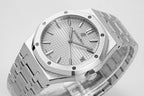 Audemars Piguet wristwatch close-up of dial and bezel with steel bracelet