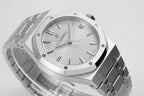 Audemars Piguet wristwatch close-up of silver dial with baton markers and bracelet