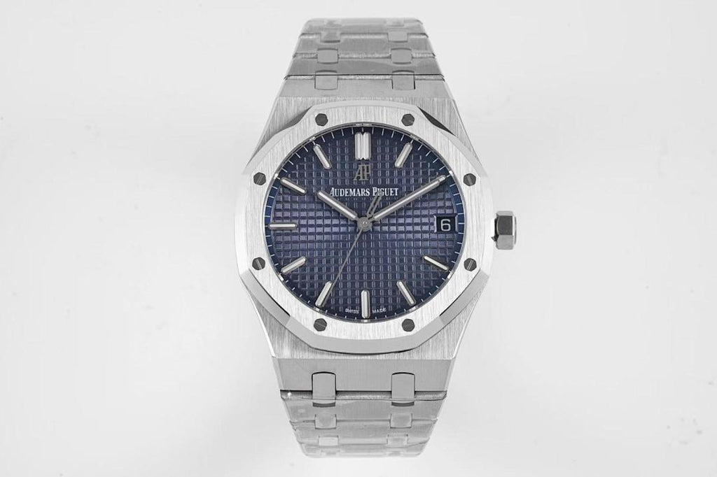 Stainless steel watch with blue textured dial and metal bracelet, front view