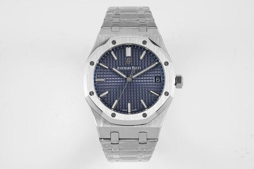 Stainless steel watch with blue textured dial and metal bracelet, front view