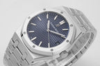 Stainless steel watch with blue textured dial and metal bracelet, close angled view