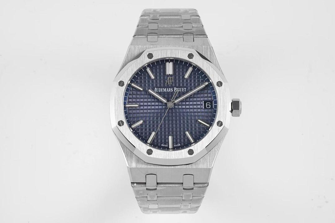 Stainless steel watch with blue textured dial and metal bracelet, front view