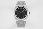 Men’s wristwatch front view with black dial and silver link metal bracelet