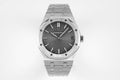 Audemars Piguet watch with black dial and silver steel bracelet, front view