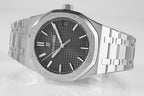 Audemars Piguet watch angled front view with black dial and metal bracelet