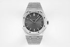 Audemars Piguet watch front view with black dial and silver link bracelet