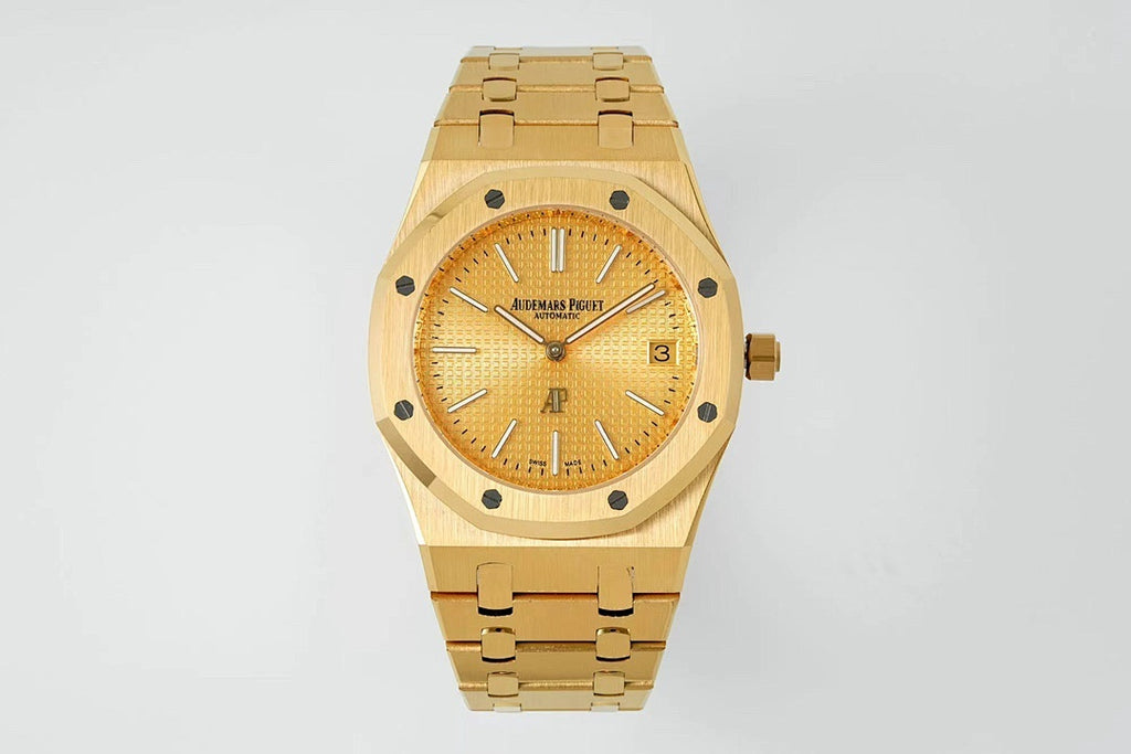 Gold-tone Audemars Piguet watch with textured champagne dial and date at 3
