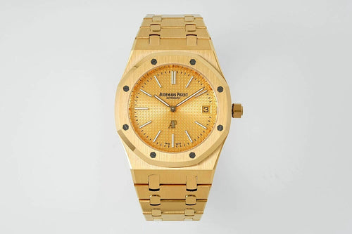 Gold-tone Audemars Piguet watch with textured champagne dial and date at 3